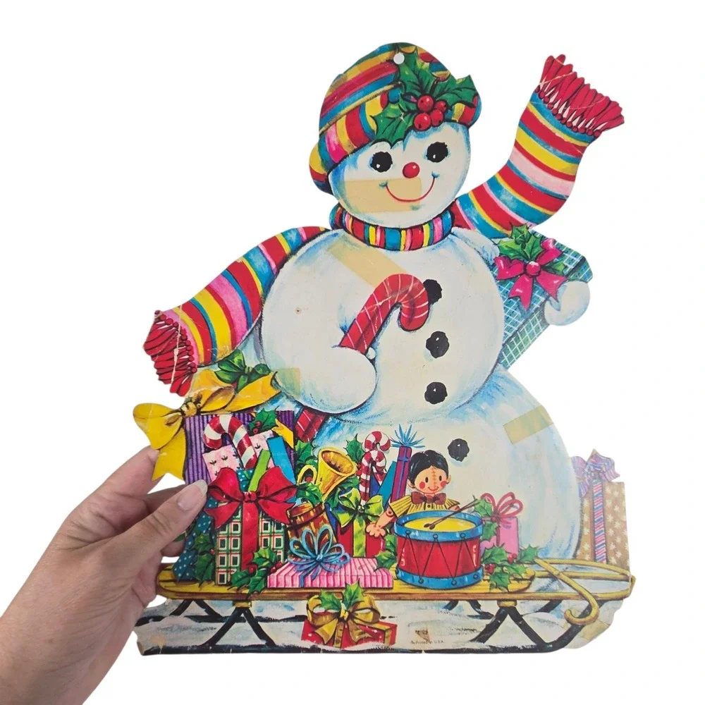 5 Vtg 60s Christmas Paper Cutouts Double Sided Snowman Reindeer Tree USA READ